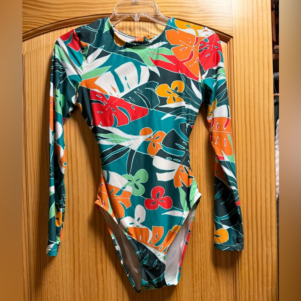 Vince Camuto Teal Floral Long-Sleeve One-Piece Swimsuit